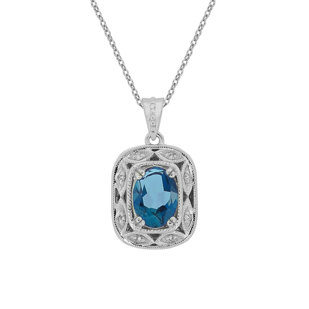 10KT White Gold 18" 1.00CT London Blue Topaz & Diamond Necklace.