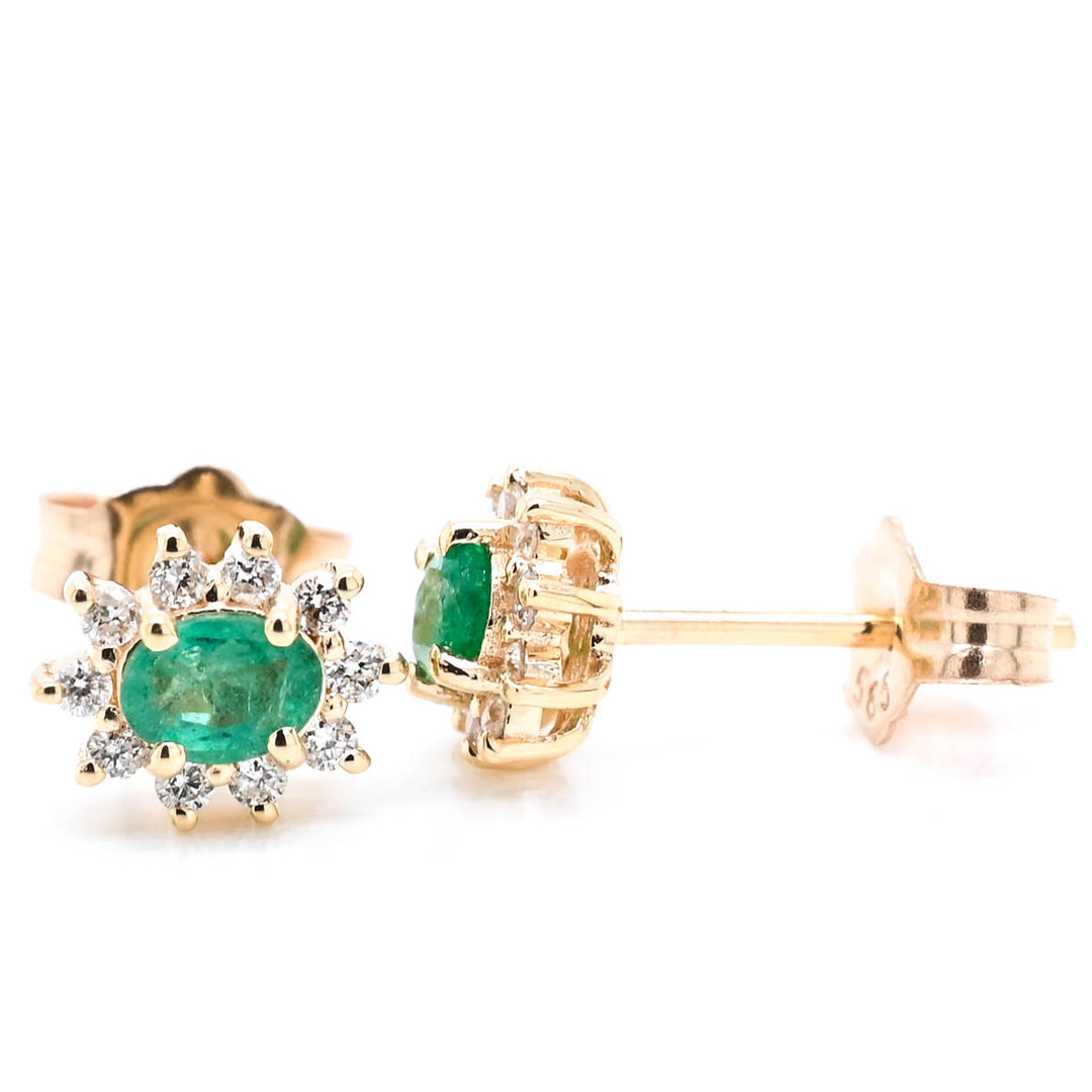 14KT Yellow Oval Shape Green Emerald & Diamond Stud Earrings.