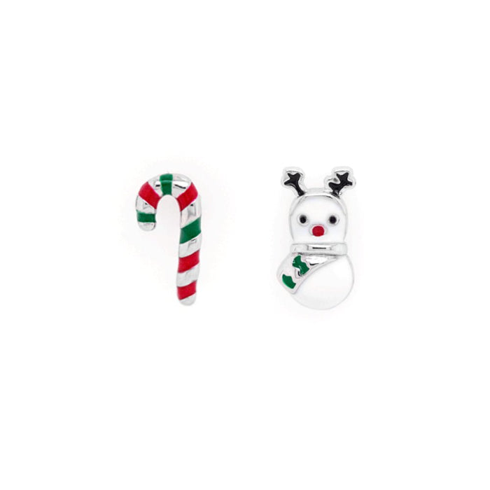 Sterling Silver Enamel Mismatched Snowman & Candy cane Stud Earrings.