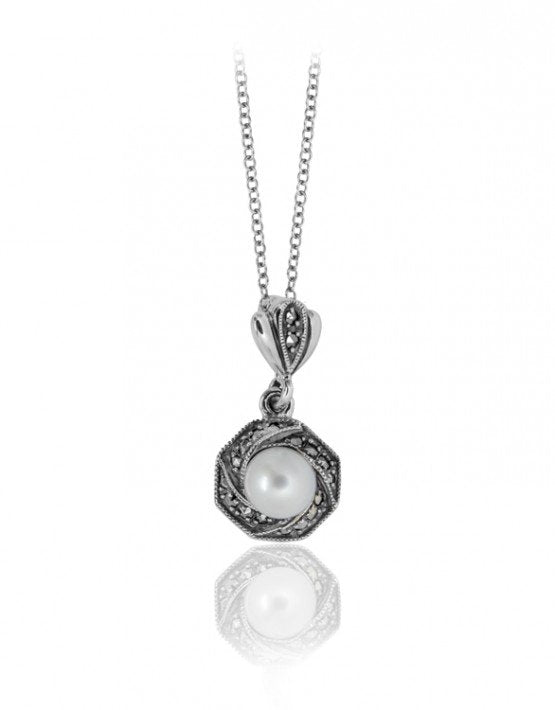 Larus Sterling Silver 18" Pearl and Marcasite Necklace.