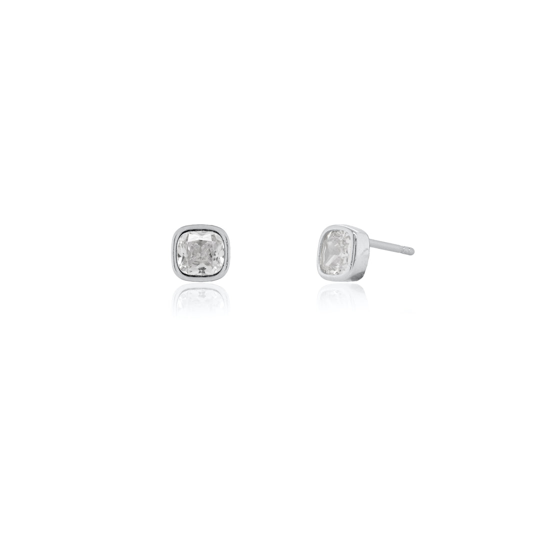 Sterling Siver Bevel Set CZ Asher Cut Stud Earrings.