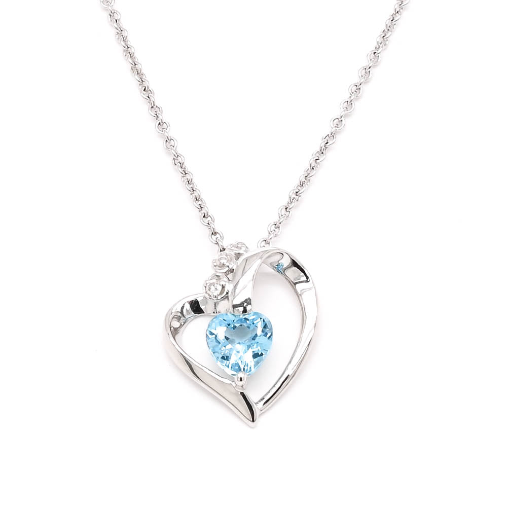 10KT White Gold 18" 0.75CT Heart Shaped Swiss Blue Topaz & Diamond Necklace.