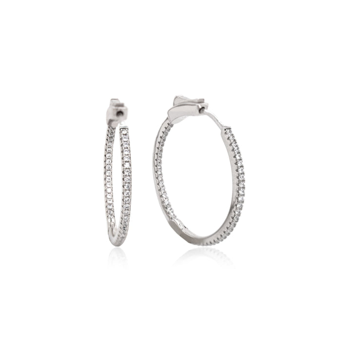 Sterling Silver Rhodium Plated CZ 30MM Hoop Earrings.