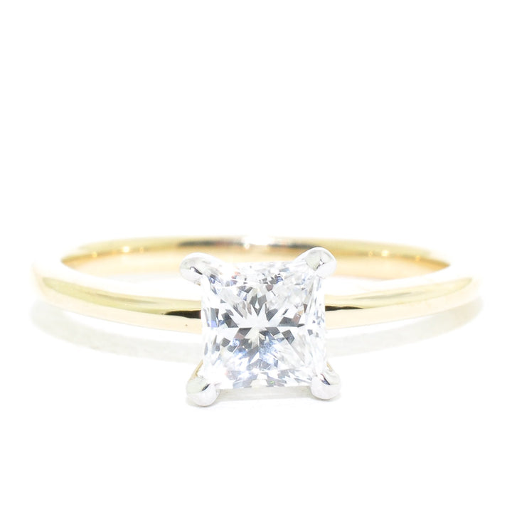 Graziella 14KT Yellow &amp;Whte Gold 0.92CT SI1 F Colour Diamond Princess Cut  Engagement Ring.