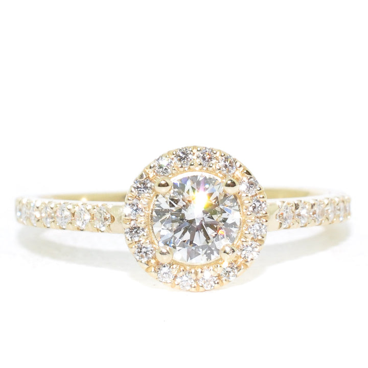 Graziella 14KT Yellow Gold 0.83CTW Round Brilliant Diamond Halo Set Engagement Ring.