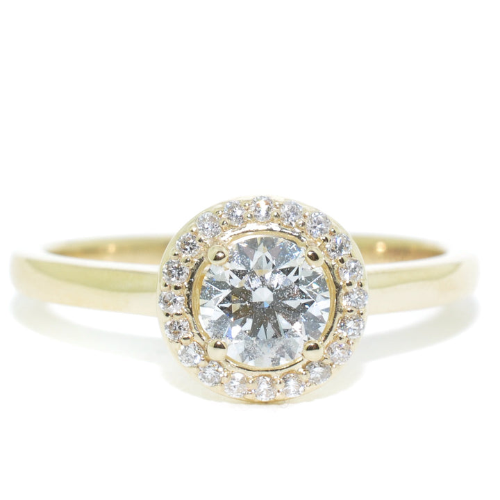 Graziella 14KT Yellow Gold 0.62CTW Round Brilliant Diamond Halo Set Engagement Ring.