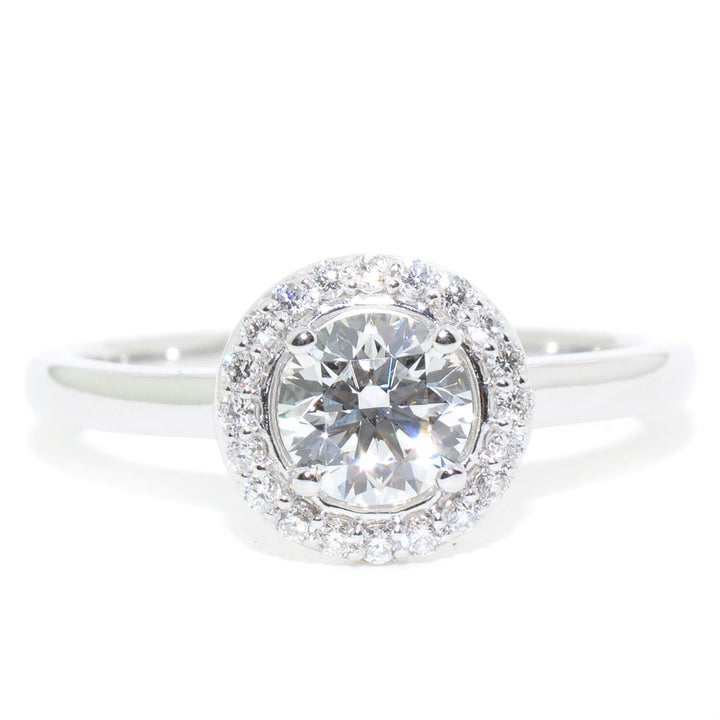 Graziella 14KT White Gold 0.64CTW Round Brilliant Diamond Halo Set Engagement Ring.