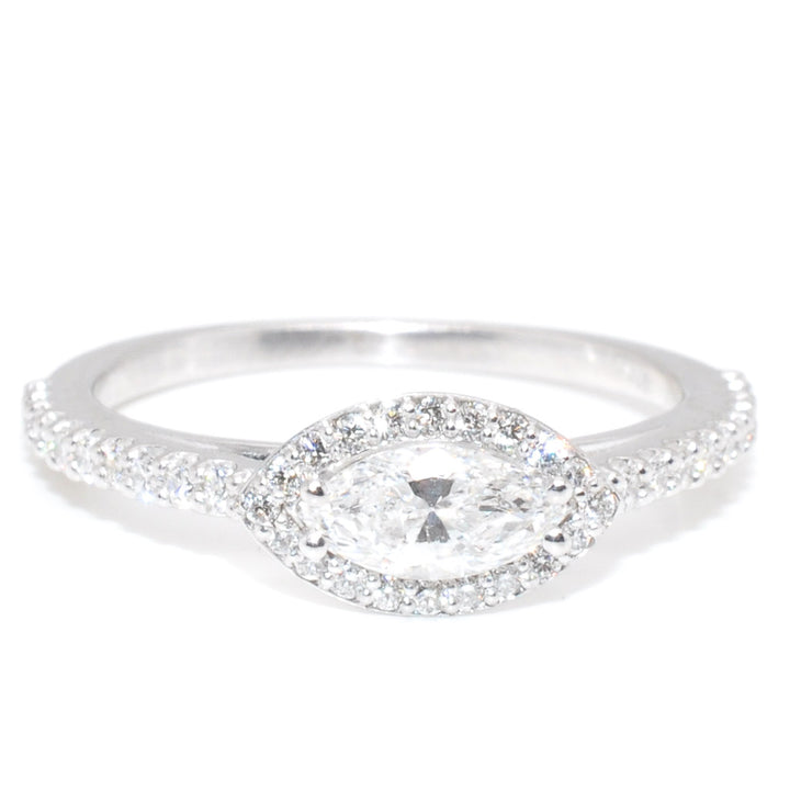 14KT White Gold 0.76CTW Marquise Shape Halo Set Diamond Ring.