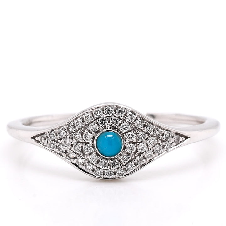 Graziella 14KT White Gold 0.11CTW Diamond &amp; Turquoise Evil Eye Ring - Size 6.25