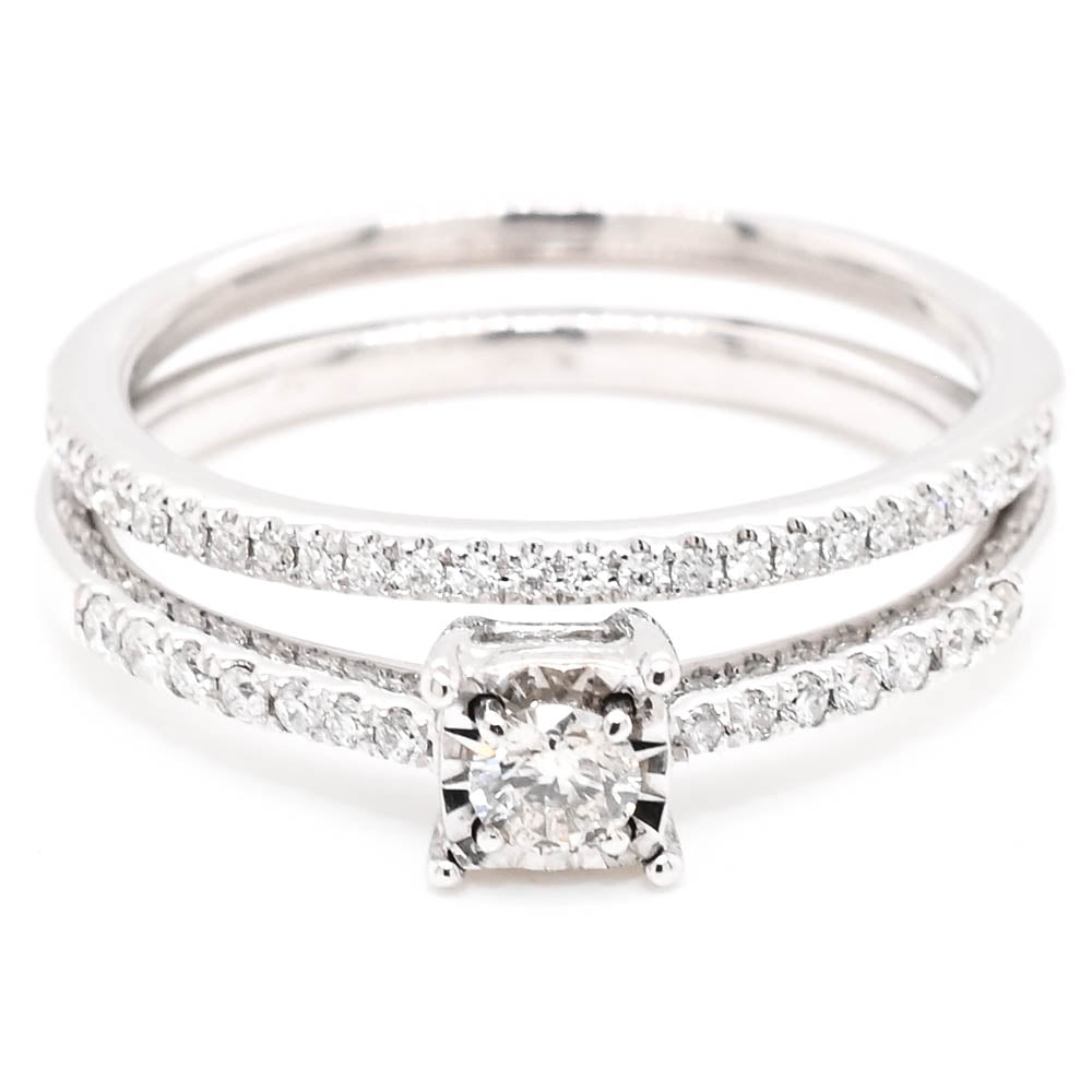 Graziella 14KT White Gold 0.20CTW Round Brilliant Diamond Engagement Ring &amp; Matching Wedding Band - Size 5.5
