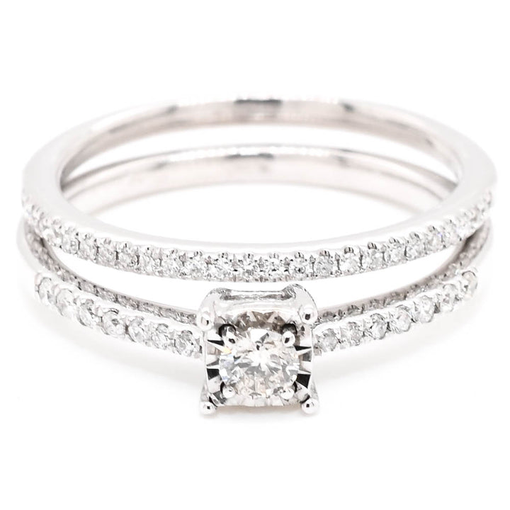 Graziella 14KT White Gold 0.20CTW Round Brilliant Diamond Engagement Ring &amp; Matching Wedding Band - Size 5.5