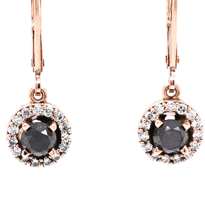 14KT Rose Gold 1.21CTW Round Brilliant Black &amp; White Diamond Lever Back Earrings.