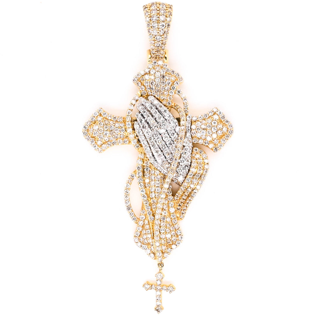10KT Yellow Gold 4.09CTW Diamond Praying Hands Cross Pendant