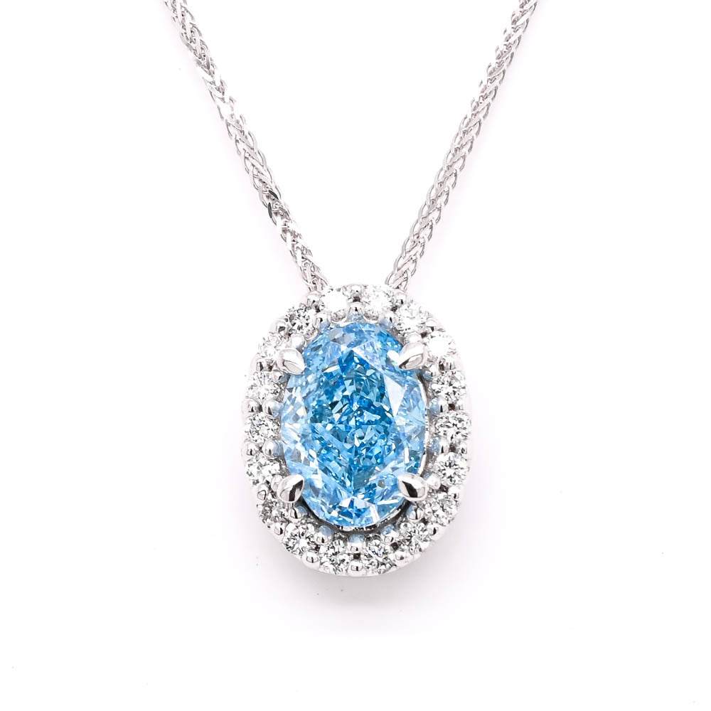 Graziella 10KT White Gold 18 2.30CTW Oval Lab-Grown Fancy Blue Diamond Halo Necklace