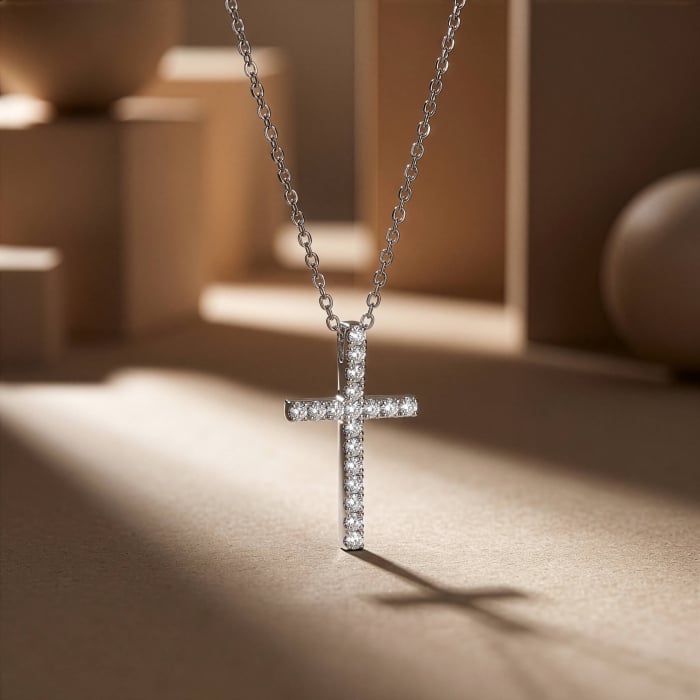 Graziella Sterling Silver 0.11CTW Modern Diamond Responsibly Grown Pave Set Cross Necklace