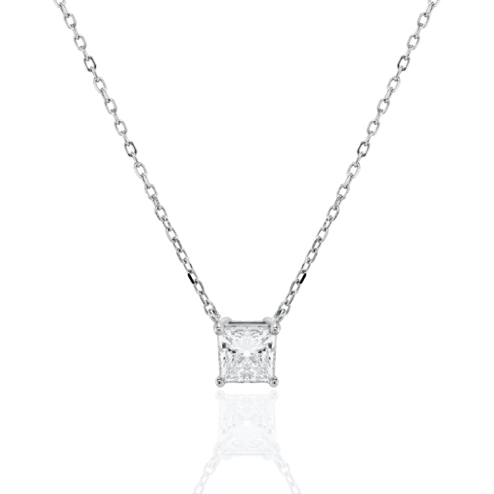 Graziella Sterling Silver 18" 1.00CTW Princess Cut Modern Diamond Responsibly Grown Solitaire Necklace.