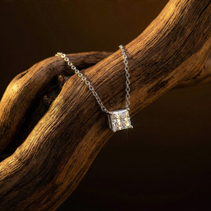 Graziella Sterling Silver 18" 1.00CTW Princess Cut Modern Diamond Responsibly Grown Solitaire Necklace.