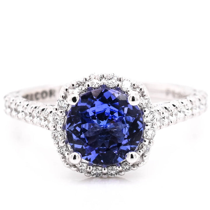 Graziella Tacori Platinum 1.16CT Round Tanzanite &amp; Diamond Halo Ring - Size 6.5