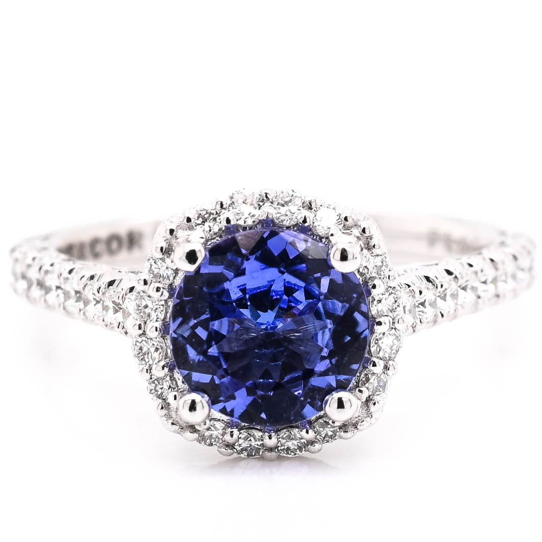Tacori Platinum 1.16CT Round Tanzanite &amp; Diamond Halo Set Ring.