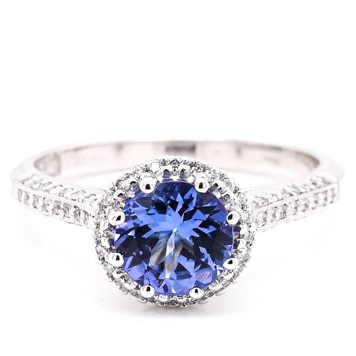 Graziella 18KT White Gold 0.95CT Round Brilliant Tanzanite &amp; Diamond Halo Tacori Ring - Size 6.25