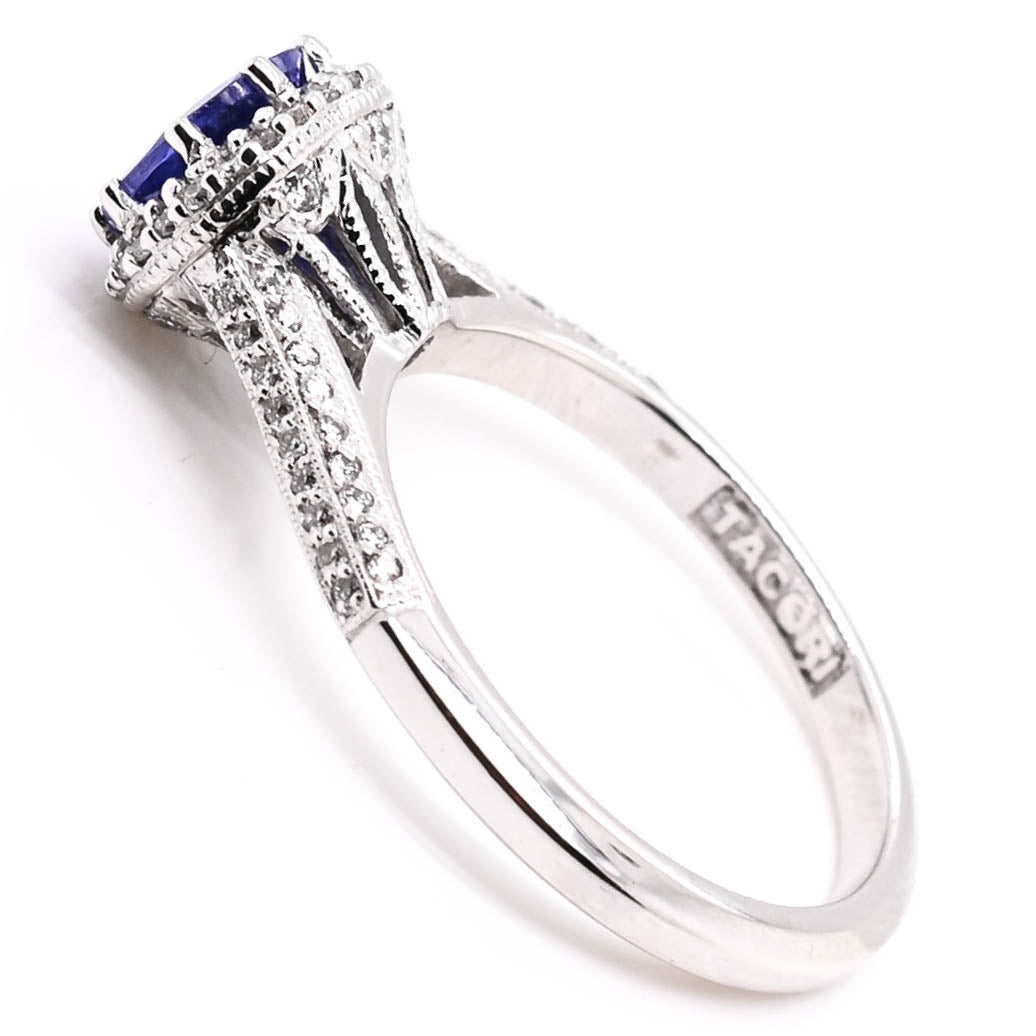Graziella 18KT White Gold 0.95CT Round Brilliant Tanzanite &amp; Diamond Halo Tacori Ring - Size 6.25