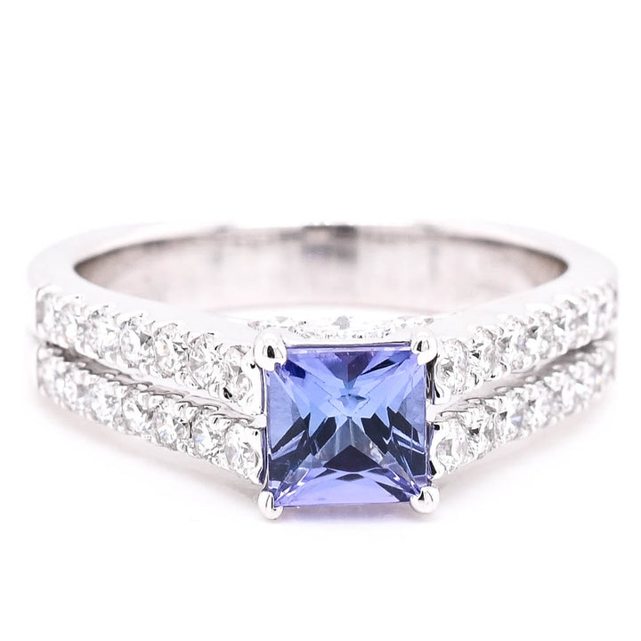 Graziella 18KT White Gold 0.60CT Princess Cut Tanzanite &amp; Diamond Accent Ring - Size 6.5