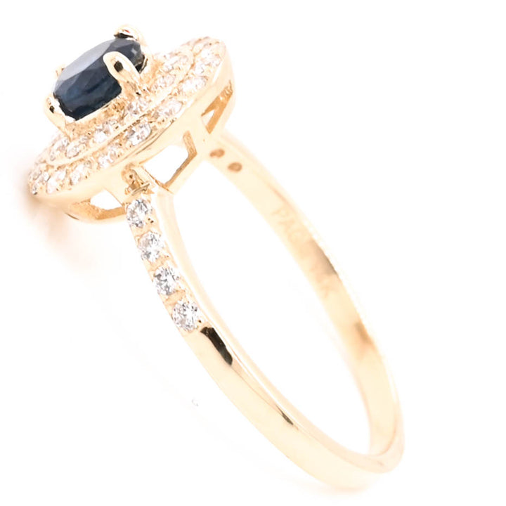 14KT Yellow Gold Round Brilliant Blue Sapphire Double Halo Set Ring