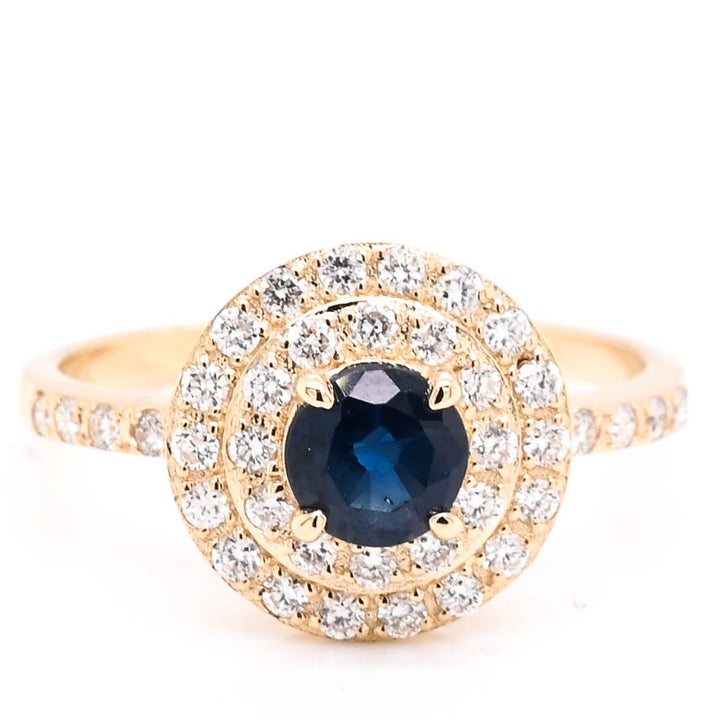 14KT Yellow Gold Round Brilliant Blue Sapphire Double Halo Set Ring