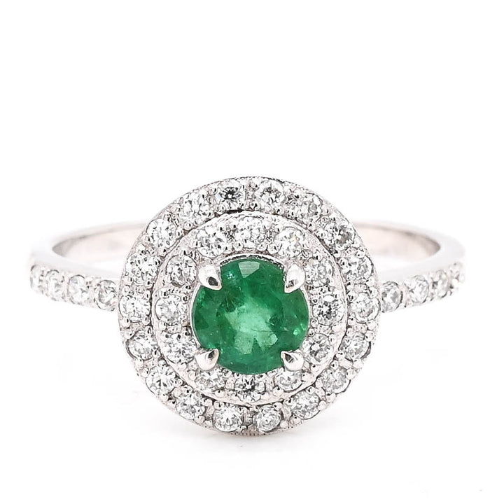 Graziella 14KT Yellow Gold Round Brilliant Emerald &amp; Diamond Double Halo Ring - Size 7