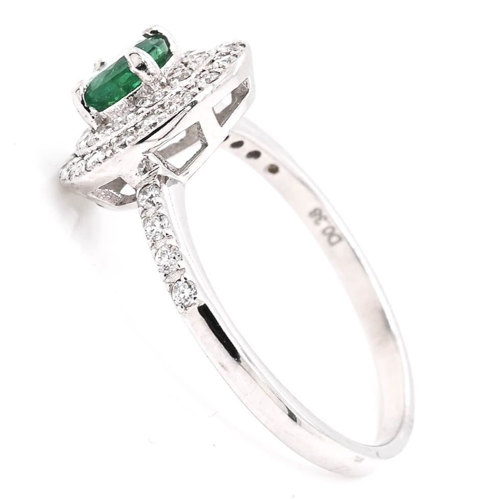 Graziella 14KT Yellow Gold Round Brilliant Emerald &amp; Diamond Double Halo Ring - Size 7