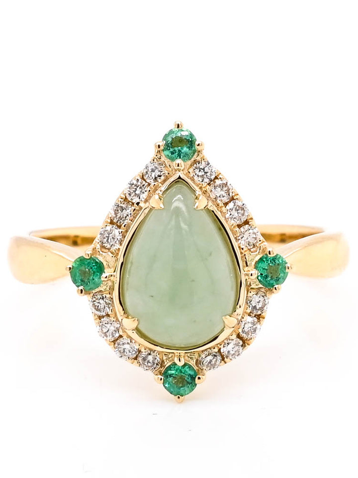 Graziella 10KT Yellow Gold Pear 1.70CT Shape Jade Emerald &amp; Diamond Ring - Size 7