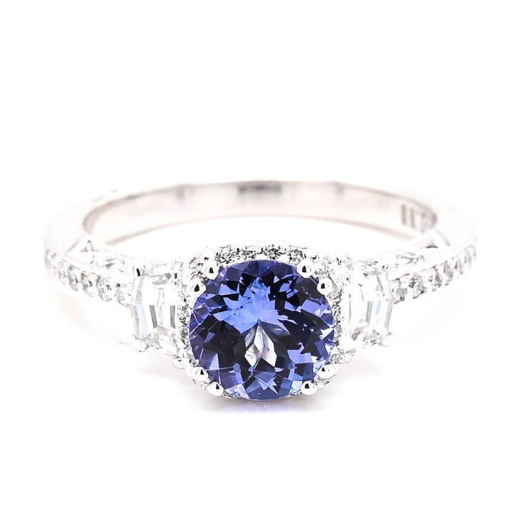 Graziella 18KT White Gold 1.19CT Round Brilliant Tanzanite &amp; Diamond Ring - Size 6.25