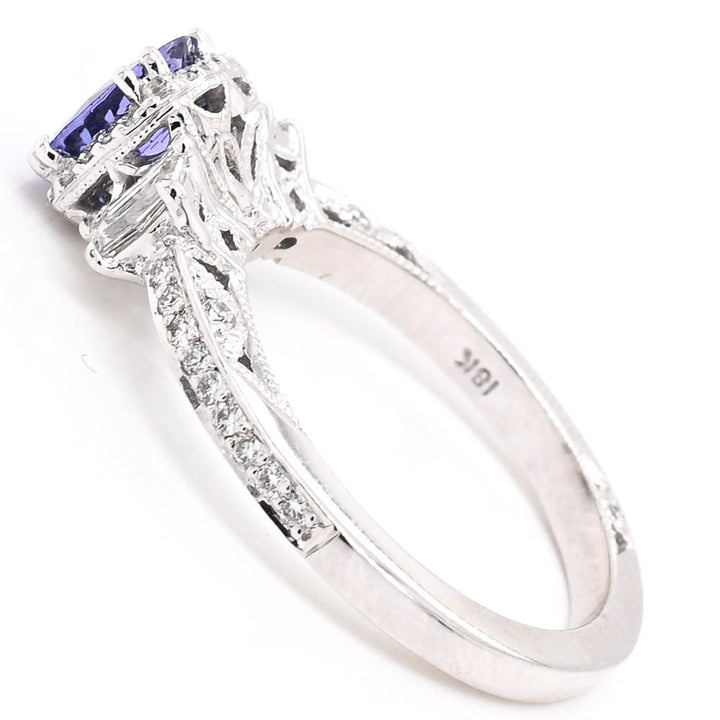 Graziella 18KT White Gold 1.19CT Round Brilliant Tanzanite &amp; Diamond Ring - Size 6.25
