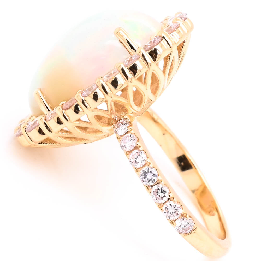 Graziella 14KT Yellow Gold 7.01CT Opal &amp; Fancy Light Pink Diamond Halo Ring - Size 7