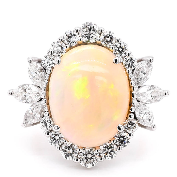 Graziella 14KT Yellow &amp; White Gold 9.55CT Opal &amp; Diamond Vintage Inspired Halo Ring - Size 7