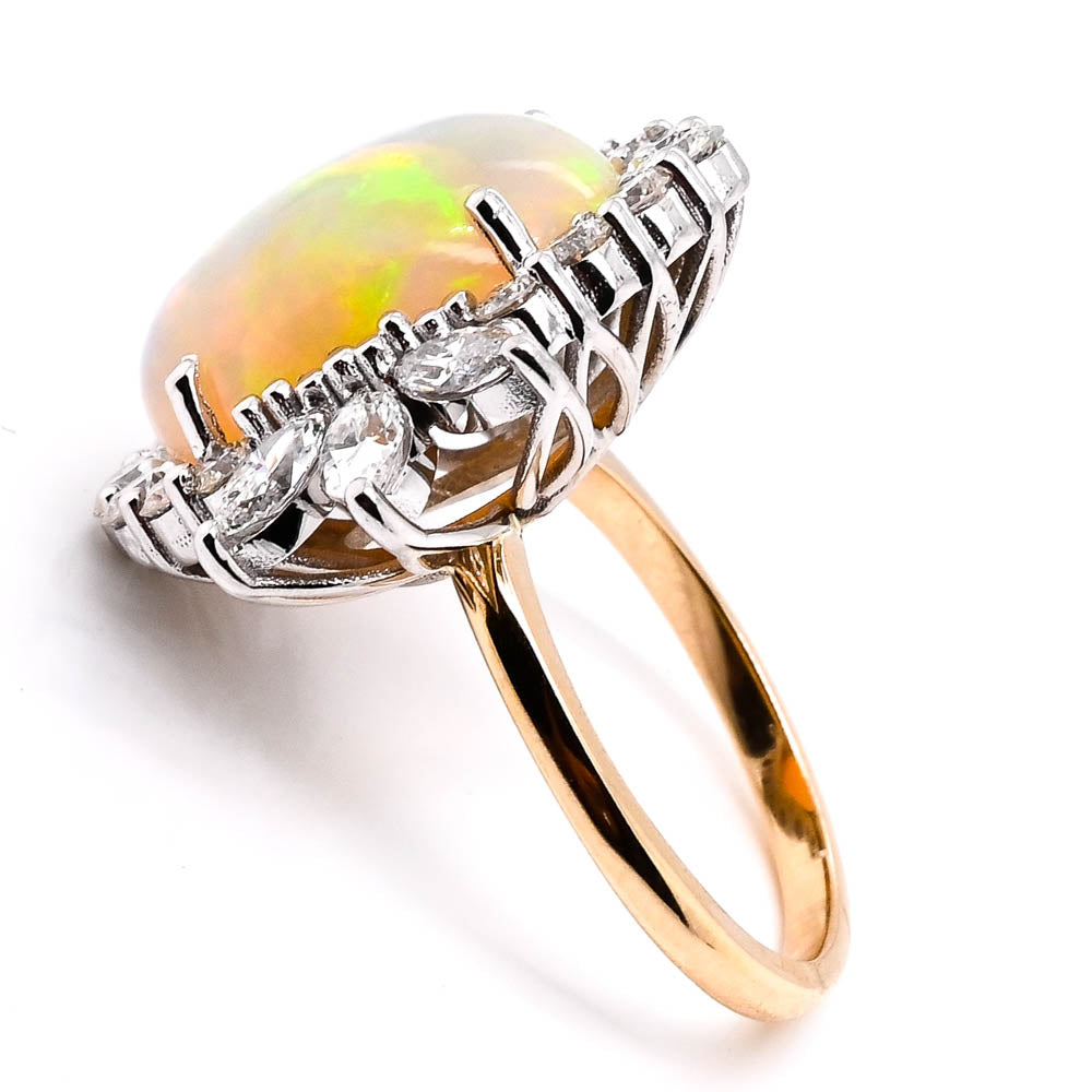 Graziella 14KT Yellow &amp; White Gold 9.55CT Opal &amp; Diamond Vintage Inspired Halo Ring - Size 7