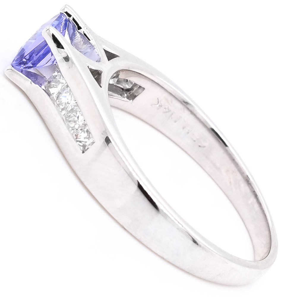 14KT White Gold 0.49CT Princess Cut Tanzanite &amp; Diamond Accent Ring.
