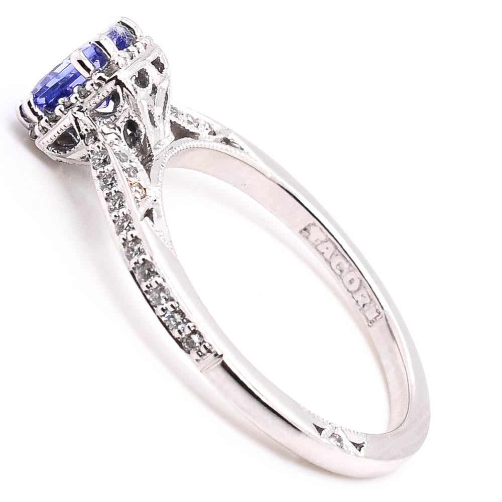 Graziella 18KT White Gold 0.66CT Princess Cut Tanzanite &amp; Diamond Tacori Halo Ring - Size 6.5