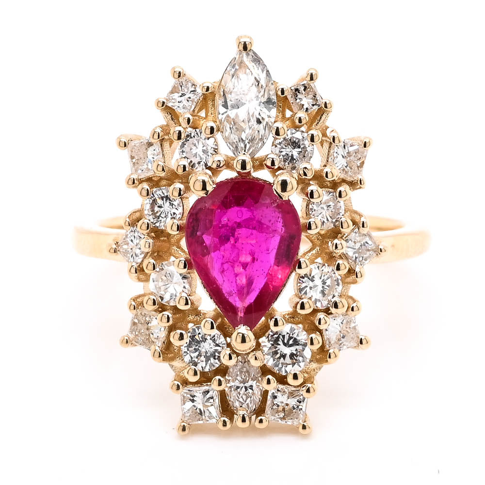 Graziella 14KT Yellow Gold 1.03CT Pear Ruby &amp; Diamond Cluster Ring - Size 6.25