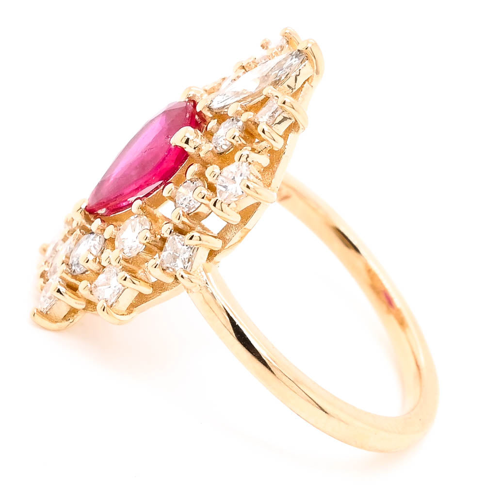 Graziella 14KT Yellow Gold 1.03CT Pear Ruby &amp; Diamond Cluster Ring - Size 6.25