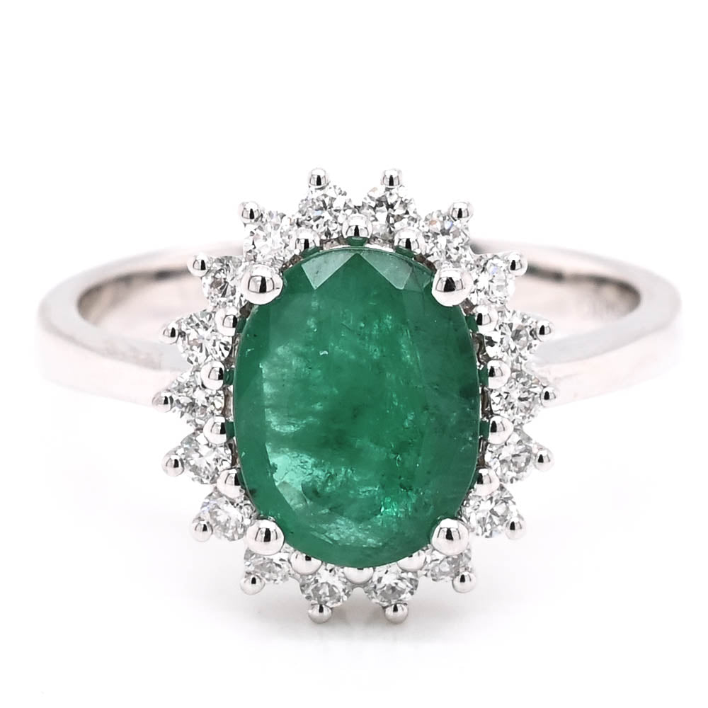Graziella 14KT White Gold 1.44CT Oval Emerald &amp; Diamond Cluster Ring - Size 6.5