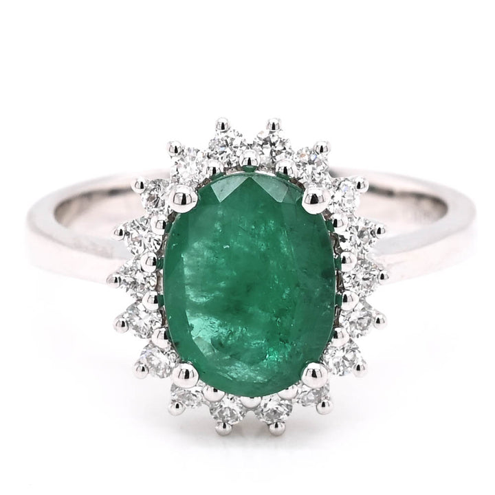 Graziella 14KT White Gold 1.44CT Oval Emerald &amp; Diamond Cluster Ring - Size 6.5