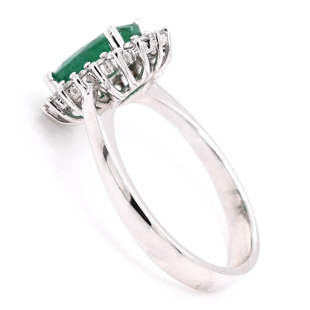 Graziella 14KT White Gold 1.44CT Oval Emerald &amp; Diamond Cluster Ring - Size 6.5