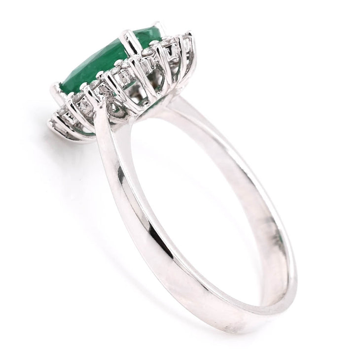 Graziella 14KT White Gold 1.44CT Oval Emerald &amp; Diamond Cluster Ring - Size 6.5