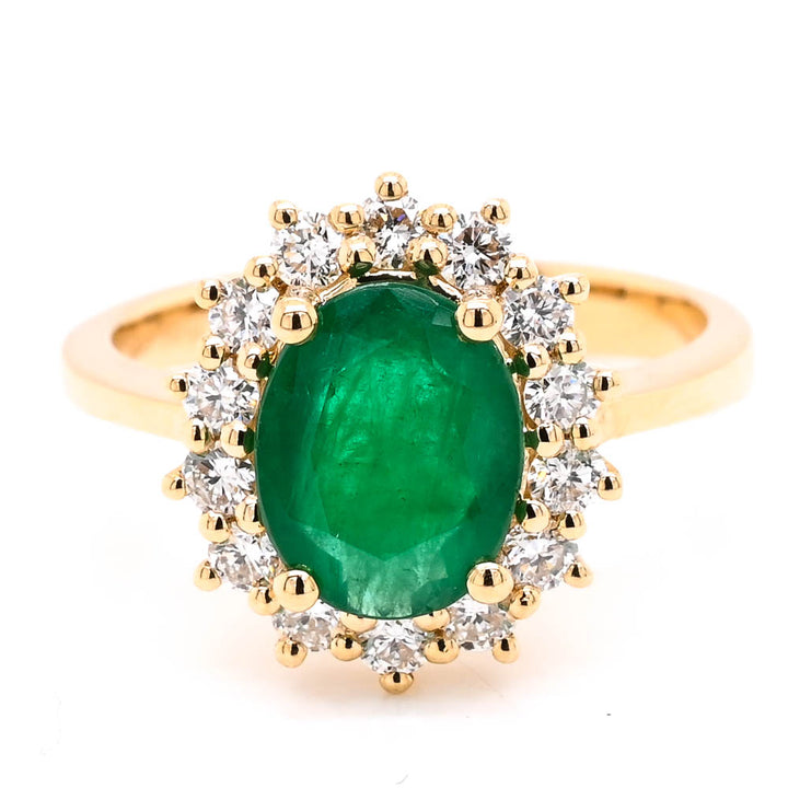 14KT Yellow Gold 1.50CT Oval Shape Emerald &amp; Diamond Cluster Ring.