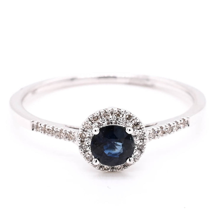 Graziella 14KT White Gold 0.30CT Round Brilliant Blue Sapphire &amp; Diamond Halo Ring - Size 6.25