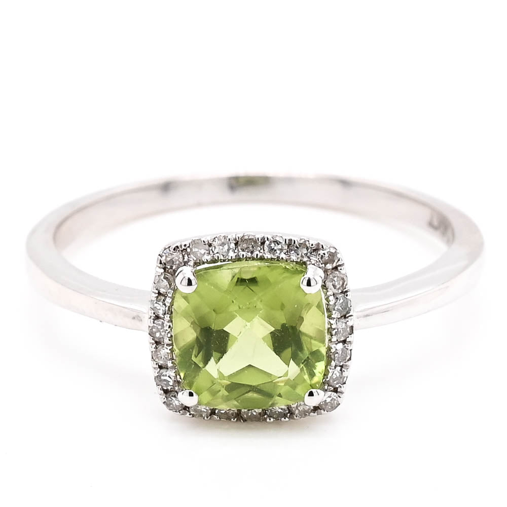 14KT White Gold Cushion shape Peridot &amp; Diamond Halo Set Ring.