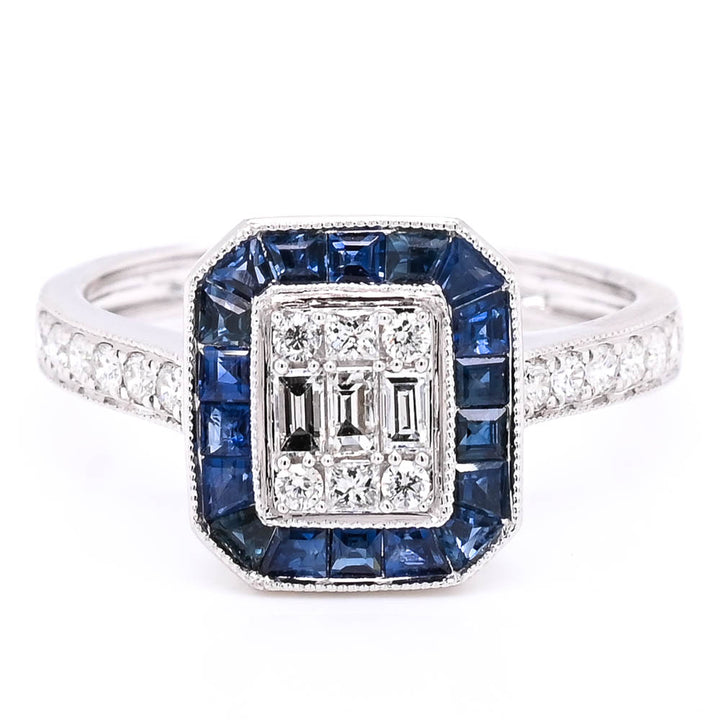 Graziella 14KT White Gold 0.75CTW Blue Sapphire &amp; Diamond Halo Ring - Size 6