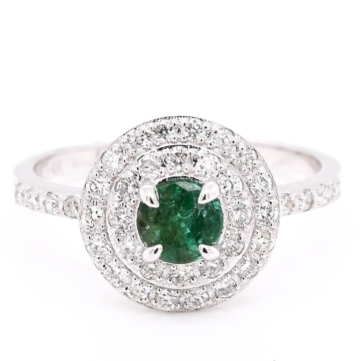 Graziella 14KT White Gold Emerald &amp; Diamond double Halo Ring - Size 6.75