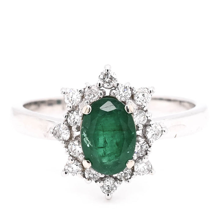 14KT White Gold 0.75CT Emerald &amp; Diamond Cluster Ring.